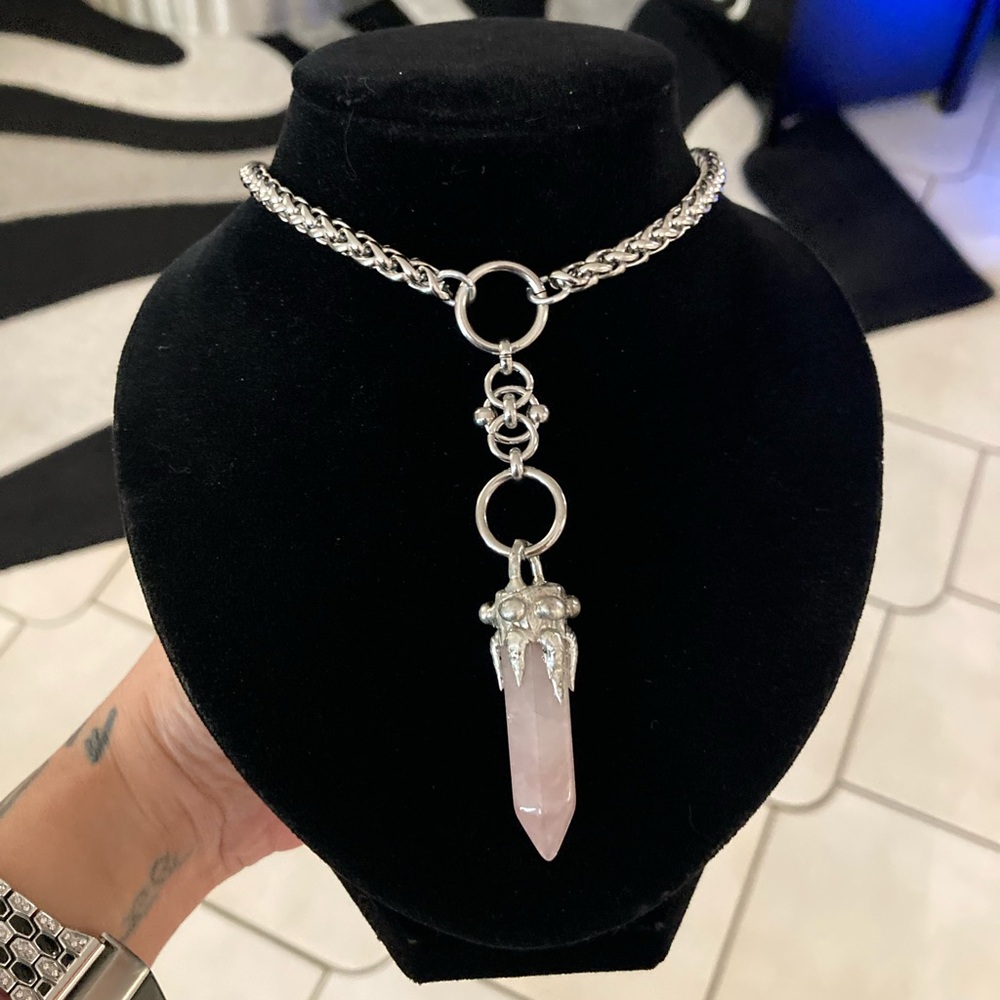 Genuine rose quartz bullet stainless steel maille celtic knot lariat Y necklace - Picture 16 of 16